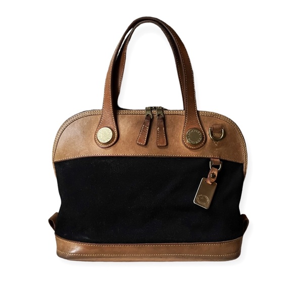 Vintage Dooney & Bourke Black Fabric and Natural/Tan Leather Satchel Handbag - Picture 1 of 16